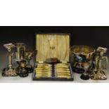 Plated Ware - a pair of EPNS candlesticks; fish knives and forks; trophies; teaspoons;