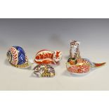 Royal Crown Derby Paperweights - Pheasant, lacking stopper; Fox, silver stopper; Sleeping Tabby Cat,