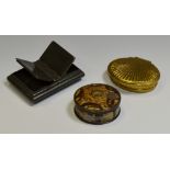A George III pewter double snuff box; a George III toleware circular snuff box, c.