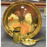 Brassware - a Persian brass table top; a Victorian brass chamberstick;