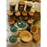 A set of three Denby Bakewell storage jars, Tea, Coffee and Sugar; others, salt pig, spice jars,