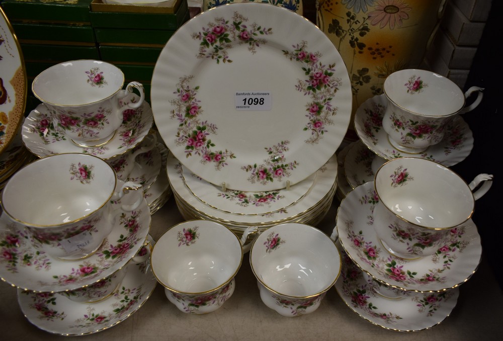 A Royal Albert Lavender Rose tea set for eight comprising dessert plates, side plates,