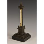 A 19th century dark patinated bronze desk thermometer, as the Vendome Column, Paris, ivorine scale,