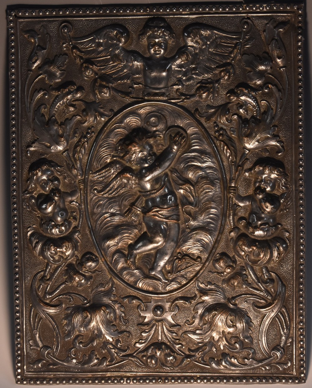 A 19th century electrotype rectangular panel, in relief with scantily clad putti centred by Cupid,