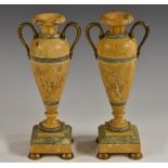 A pair of Grecian Revival Sienna and green marble slender ovoid mantel vases,