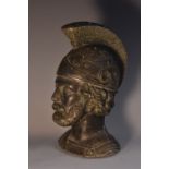 A 19th century weighted spelter bust, probably a door stop, cast as the head of a Classical soldier,