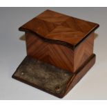 A 19th century kingwood table top vesta box, hinged quarter-veneered serpentine-fronted cover,