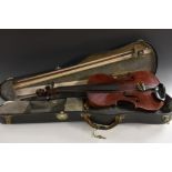 A French Medio-Fino violin, 37cm one piece back, double purflings, 59cm overall, bow en suite,