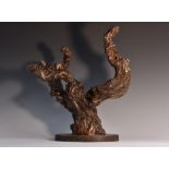 A root wood specimen, polished and mounted as a three-branch candelabrum,