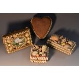 A Victorian shell work valentine heart shaped pincushion, 9cm wide, c.