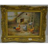 H King Farmyard Hens in Landscape oil on canvas, signed 38 x 29cm,