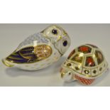 A Royal Crown Derby paperweight Owl, gold stopper; another Tortoise,