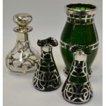 An Alvin type silver-overlaid glass vase; another pair;