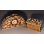 A Victorian shell work and rattan domed rectangular box, hinged cover with cord handle,