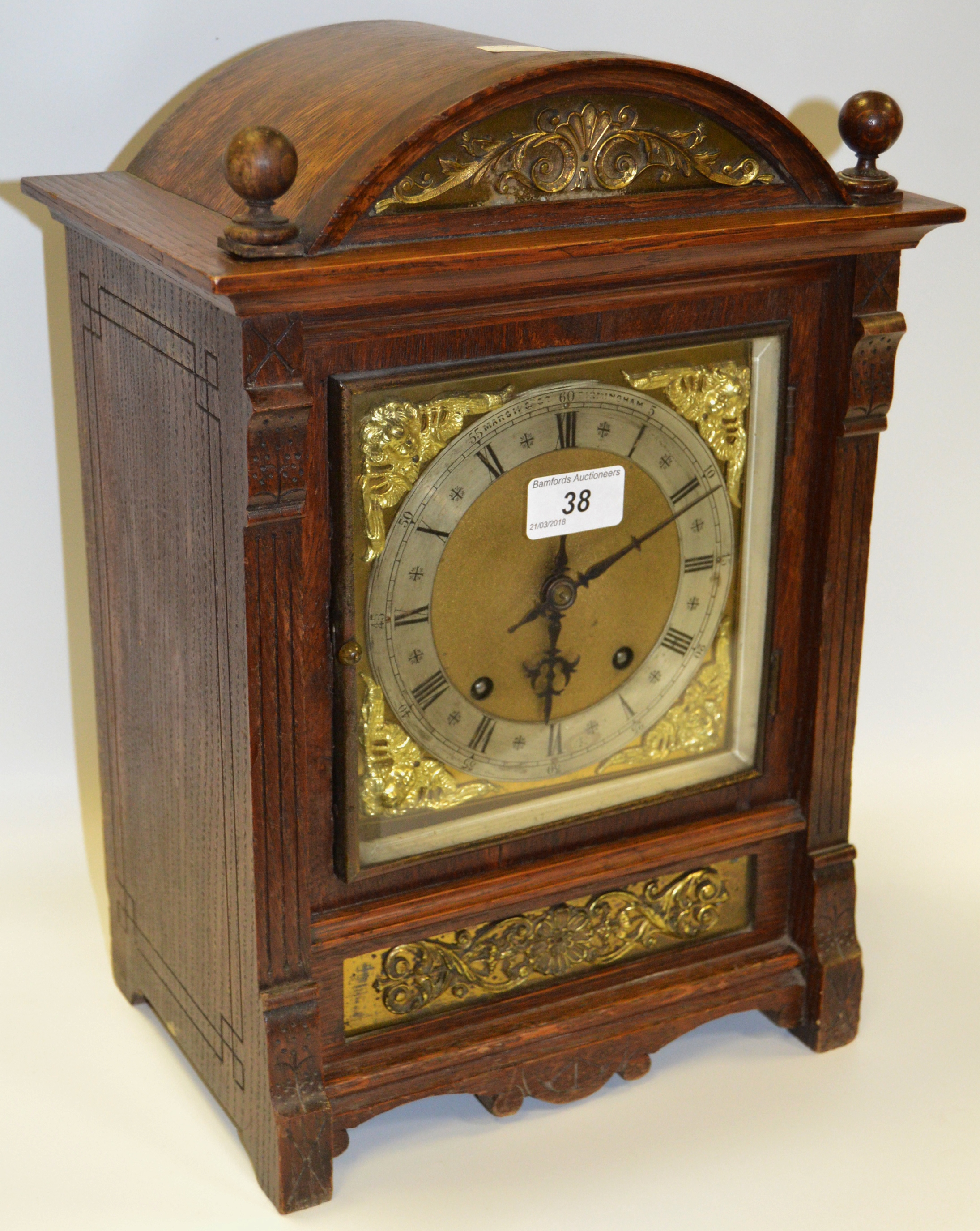 A late Victorian / early 20th century oak mantel clock, Marsh and Co Birmingham, brass dial ,