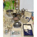 Silver Plated Ware - a silver plated candlestick; napkin rings; a Far Eastern cigarette case;