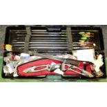 A W&W win win cased carbon bow and arrows; 11 No archery arrows, Easton alum/carbon composite,