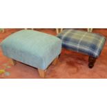 A tartan wool footstool in tones of blue;
