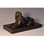 French School (19th century), a dark patinated bronze, of a sphinx, rectangular belge noir base,