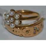 A seed pearl flower cluster ring, 9ct shank, 1g; a diamond chip ring, 15ct gold shank, 1.8g, 2.