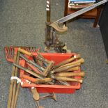 Tools - two cast shoe lasts; various wooden garden shears, loppers, rakes,