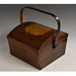 A George III partridge wood domed rectangular basket form swing-handled work box,