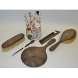 Ladies Ephemera - a silver engine turned dressing table set; a German half doll hat pin holder;