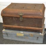 An early/mid 20th Century metal steamer trunk decorative reinforcements to angles,