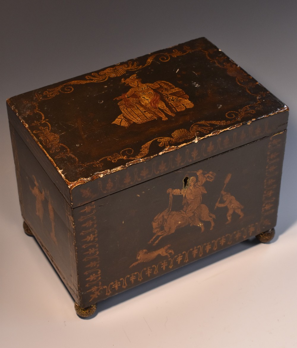 A George III japanned rectangular tea caddy, hinged cover enclosing twin compartments,