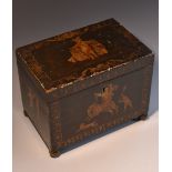 A George III japanned rectangular tea caddy, hinged cover enclosing twin compartments,