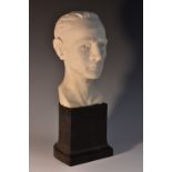 A white marble library bust of a gentleman, plinth base, 27.