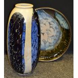 A Crich pottery substantial baluster vase with impressed stylized flowers and blue glaze panels,