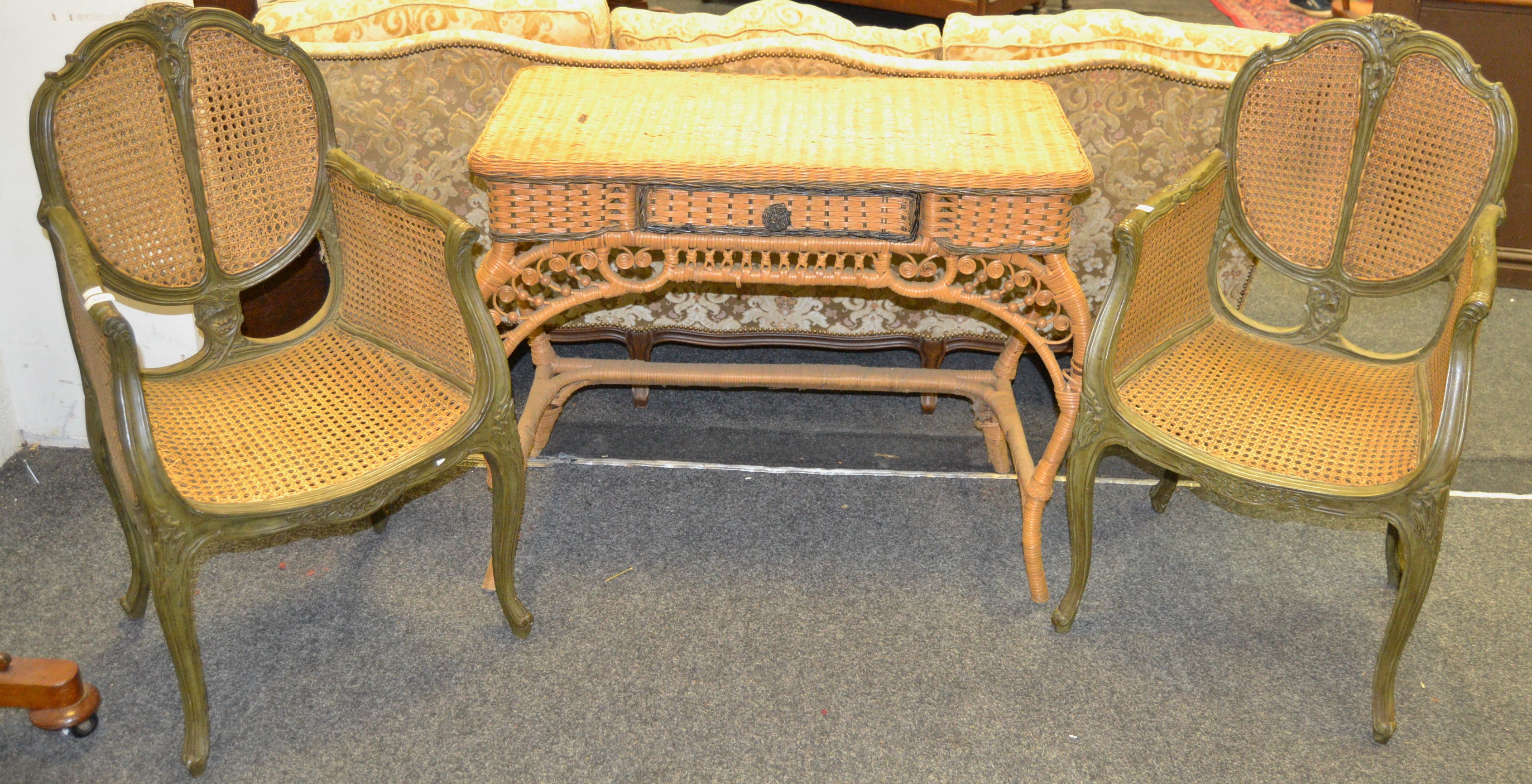 A pair of mid 20th century Louis XVI style bergere chairs;