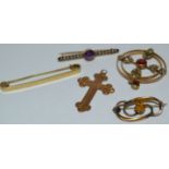 A 9ct gold tie pin, 2.3g; a 9ct gold cross, 1.