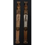 A pair of 19th century oak figural pilasters, each carved with a herm above a boss, pendent tassel,