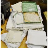 Linen and Lace - a Honiton lace mat; a Flemish lace mat; Irish linen tablecloths;