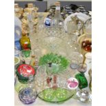 Glassware - cut and pressed glass decanters; a large pedestal bowl; silver plated top claret jug;