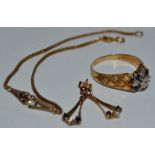 A 9ct gold sapphire a diamond chip ring; a 9ct gold sapphire and diamond inset bracelet,