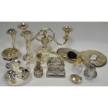 Silver Plated Ware - candelabra; specimen vase; stamp box; letter rack; rose bowl;