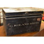 An early 20th century metal bound deeds trunk hand painted with 'G. Roland Smith.