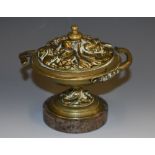 A post-Regency bronze saucer shaped pastille burner and cover, cast with flowers and fruiting vine,