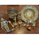 Brassware - 19th Century candlesticks, nutcrackers in the form of longcase,