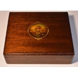 An early 20th century mahogany and 'vernis martin' table cigarette box,