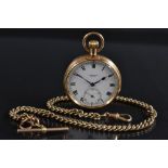 J W Benson - a 9ct gold open face pocket watch, white enamel dial, bold Roman numerals,