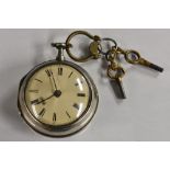 A George III silver pair cased fusee pocket watch, R P Crambers, London, cream dial,