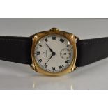 Omega - a vintage 1930s rolled rose gold cased wristwatch, white enamel dial, bold Roman numerals,