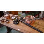 Metalware - a 19th century large copper pan and cover; a copper kettle;