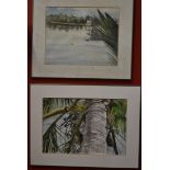 Jean P*** Ju*e A pair, Tropical Lake and Palm Tree signed, dated,