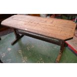 A pine and elm Country Kitchen table with canted angles, 77cm high, 62cm wide, 174cm long.