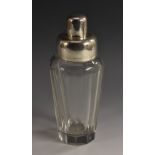 A Continental Art Deco silver mounted clear glass cocktail shaker,